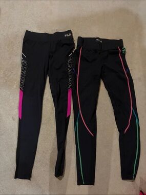 Fila Black Womens XS Leggings with Pink, Teal & Purple Accents